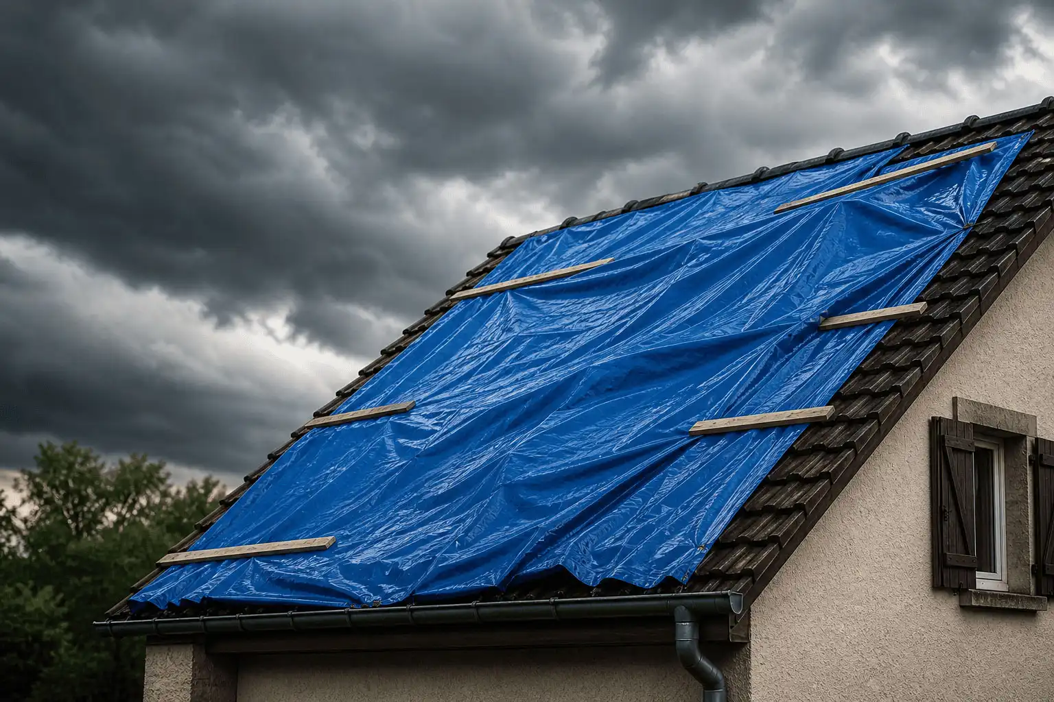 Bâchage d'urgence sur une toiture après des intempéries dans le canton de Vaud